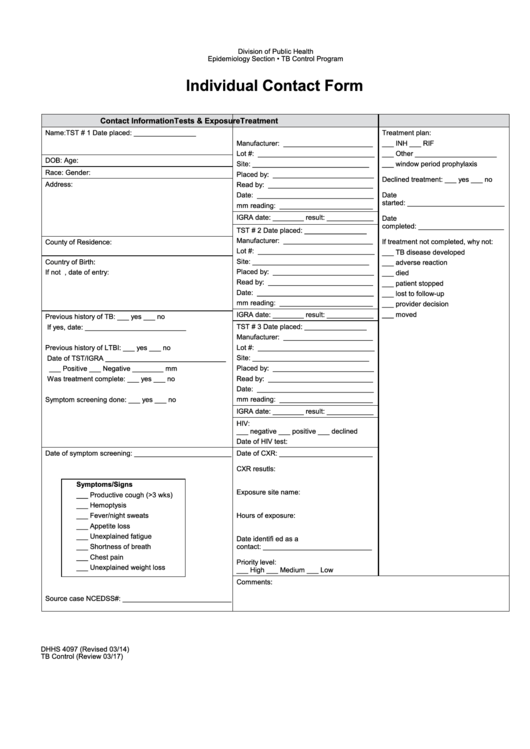 Form Dhhs 4097 - Individual Contact Form - N.c. Department Of Health And Human Services Printable pdf