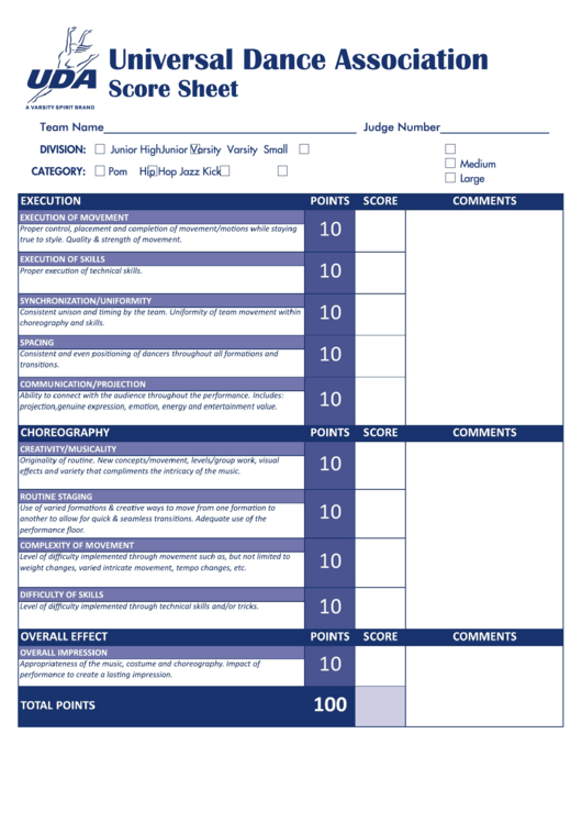 Dance Team Score Sheet Printable pdf