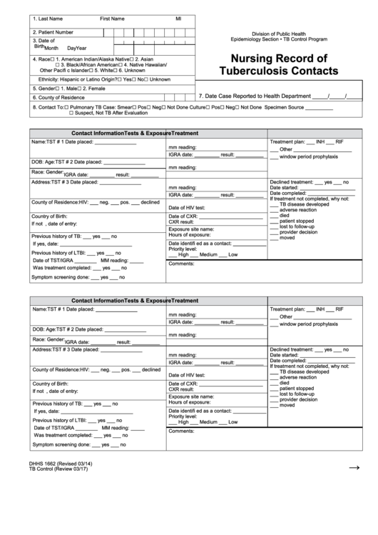 Form Dhhs 1662 - Nursing Record Of Tuberculosis Contacts Form - U.c. Department Of Health And Human Services Printable pdf