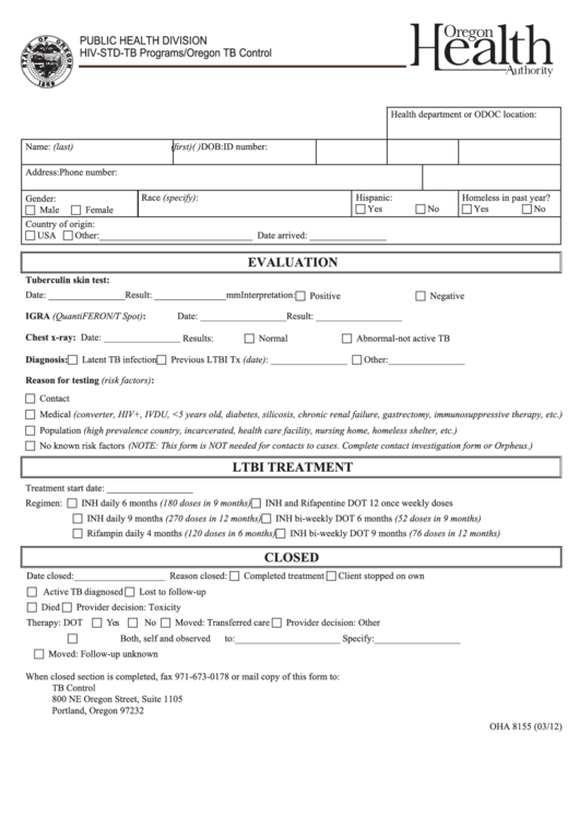 Form Oha 8155 - Treatment Of Ltbi Data Printable pdf