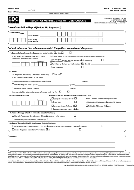 Form Cdc 72.9c - Report Of Verified Case Of Tuberculosis Printable pdf