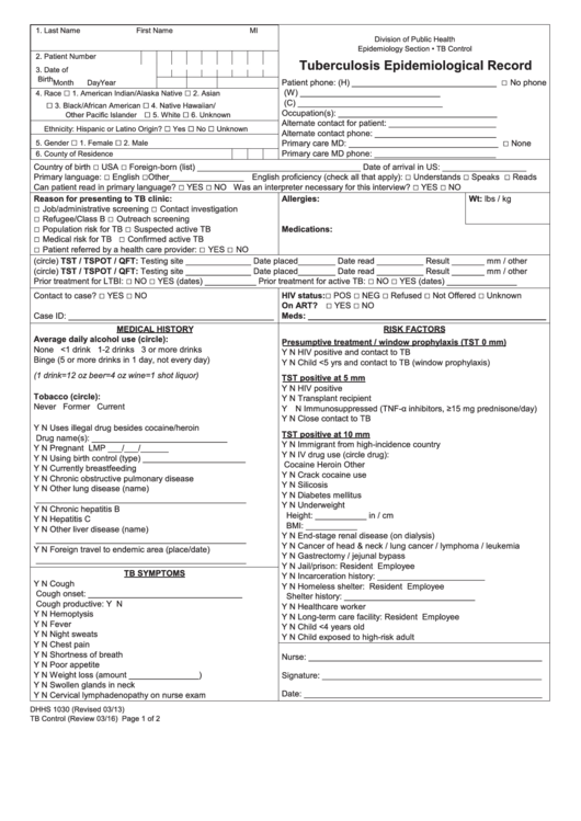 Form Dhhs 1030 - Tuberculosis Epidemiological Record Printable pdf