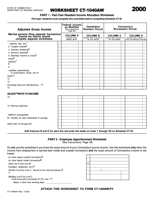 Worksheet Ct-1040aw - 2000 Printable pdf