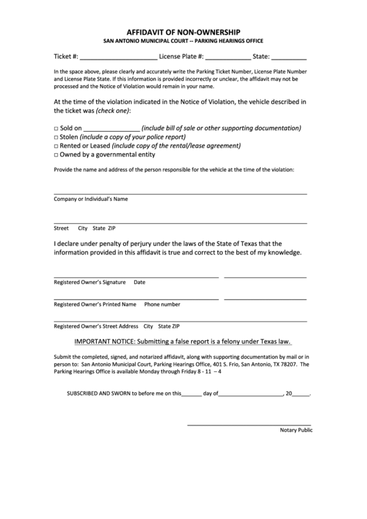 Affidavit Of Non-Ownership Template Printable pdf