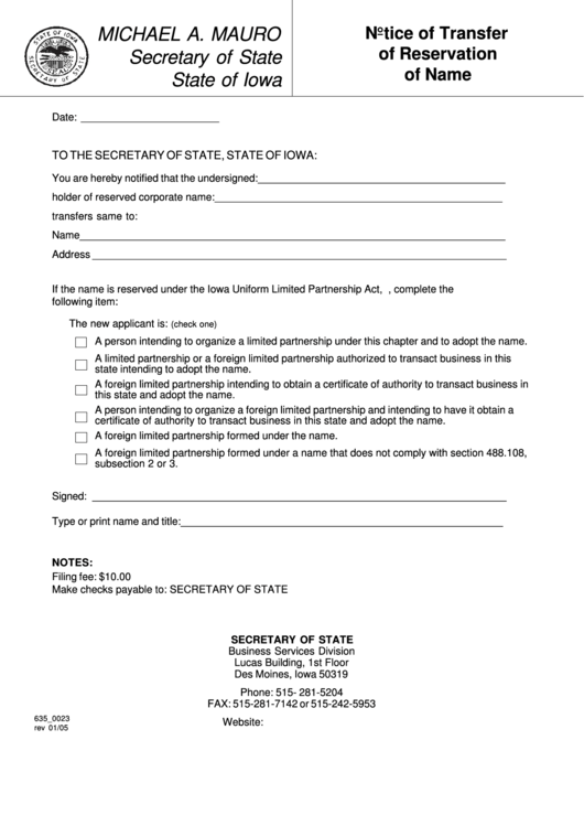 Form 635_0023 - Notice Of Transfer Form Of Reservation Of Name Printable pdf