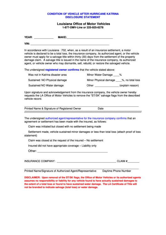 Condition Of Vehicle After Hurricane Katrina Disclosure Statement Form Printable pdf