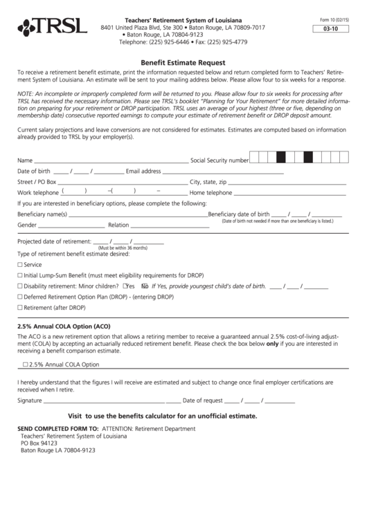 Fillable Benefit Estimate Request Form Printable pdf