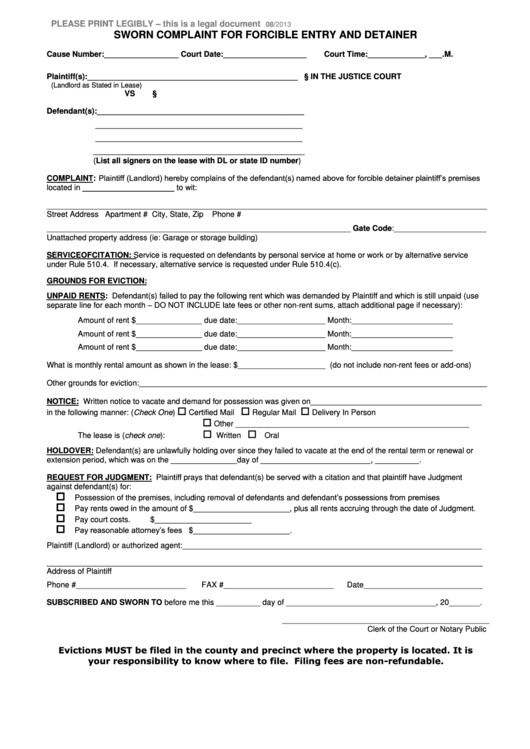 Fillable Sworn Complaint Form For Forcible Entry And Detainer Printable pdf