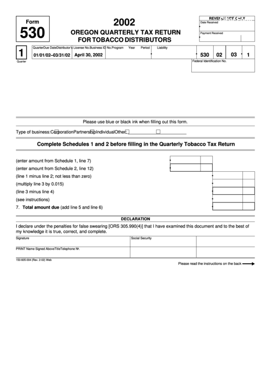 Fillable Oregon Quarterly Tax Return Form For Tobacco Distributors Printable pdf