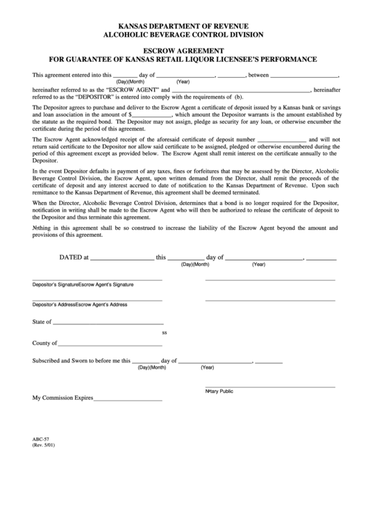 Escrow Agreement Form For Guarantee Of Kansas Retail Liquor Licensee