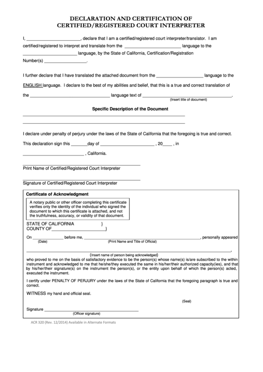 Fillable Declaration And Certification Form Of Certified Court Interpreter - State Of California Printable pdf