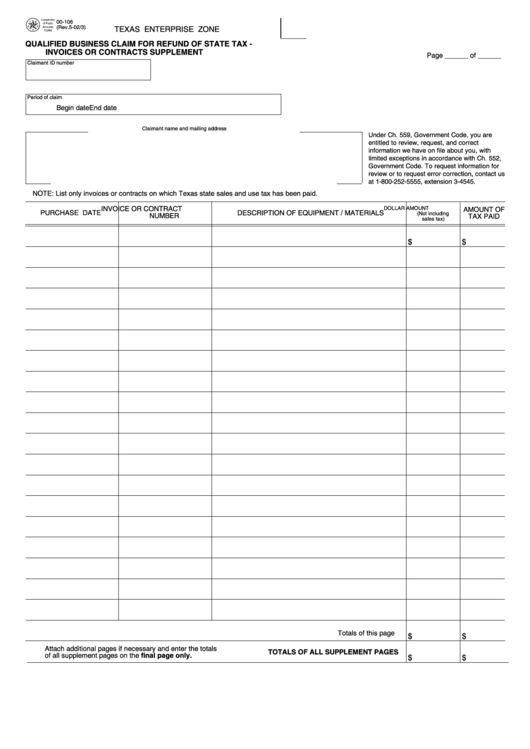 Fillable Qualified Business Claim Form For Refund Of State Tax Printable pdf