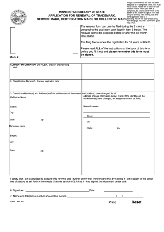 Fillable Application Template For Renewal Of Trademark, Service Mark, Certification Mark Or Collective Mark - Minnesota Secretary Of State Printable pdf