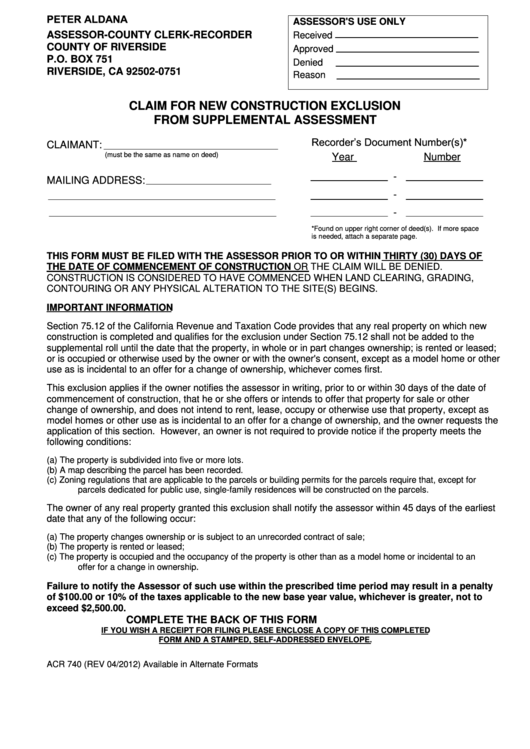Fillable Claim Form For New Construction Exclusion From Supplemental Assessment Printable pdf