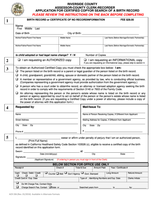 Form Acr 336 - Application For Certified Copy Or Search Of A Birth Record - 2016