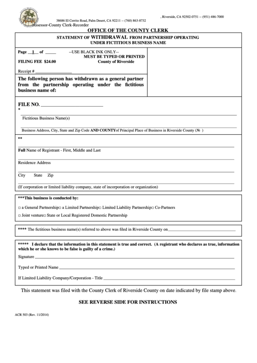 Fillable Statement Form Of Withdrawal From Partnership Operating Under Fictitious Business Name Printable pdf