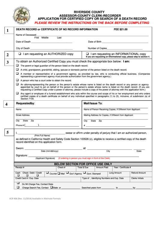 Fillable Form Acr 406 - Application For Certified Copy Or Search Of A Death Record - 2014 Printable pdf