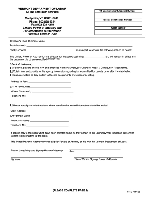 Form C-50 - Power Of Attorney - 2016