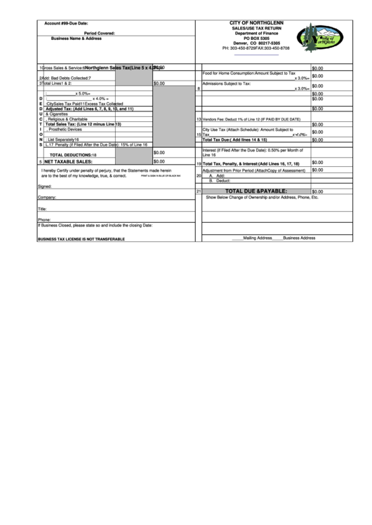 Fillable Sales/use Tax Return Form - City Of Northglenn Printable pdf