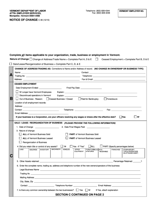 Fillable Form C-36 - Notice Of Change 2010 Printable pdf