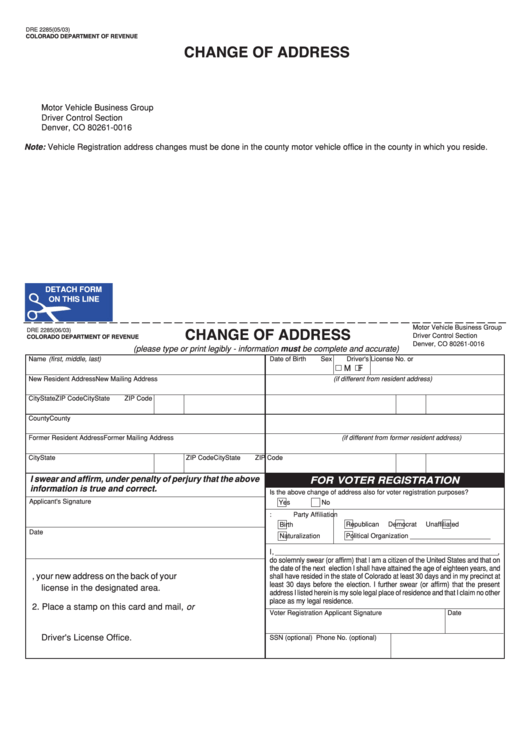 Form Dre 2285 - Change Of Address Printable pdf