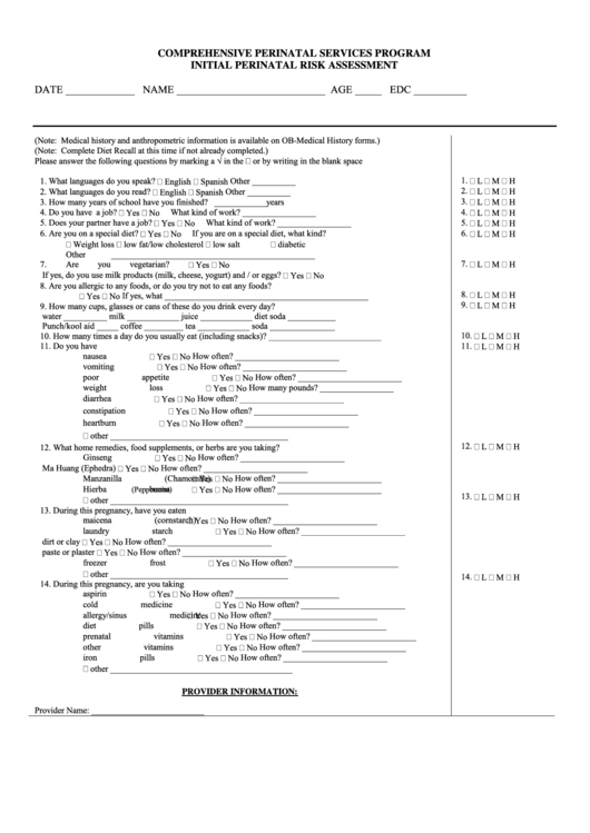 Initial Perinatal Risk Assessment Form Printable pdf