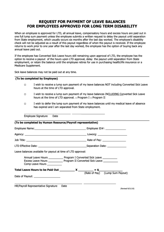 Request For Payment Of Leave Balances For Employees Approved For Long Term Disability Form Printable pdf