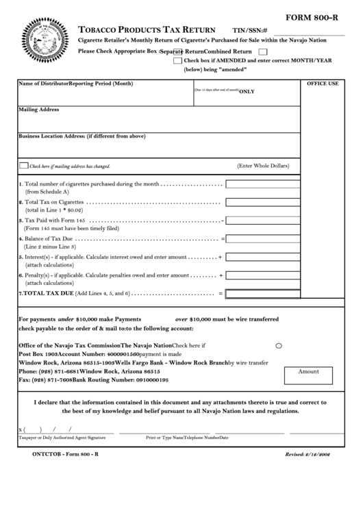 Form 800-R - Tobacco Products Tax Return Form Printable pdf