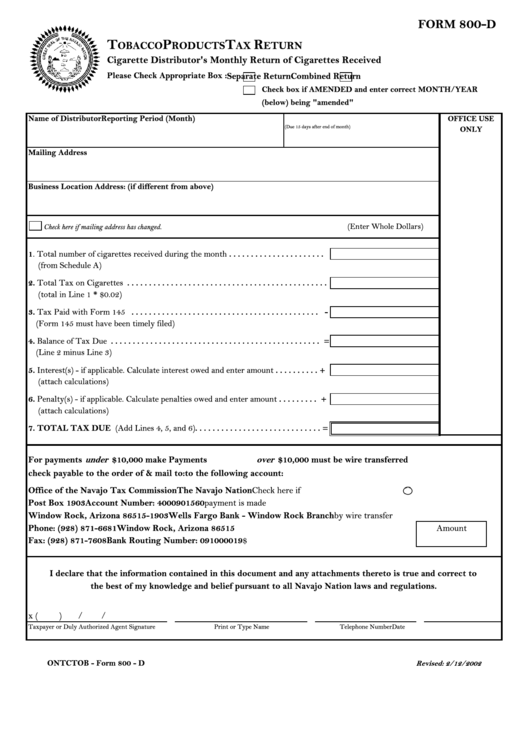 Form 800-D - Tobacco Products Tax Return Form Printable pdf