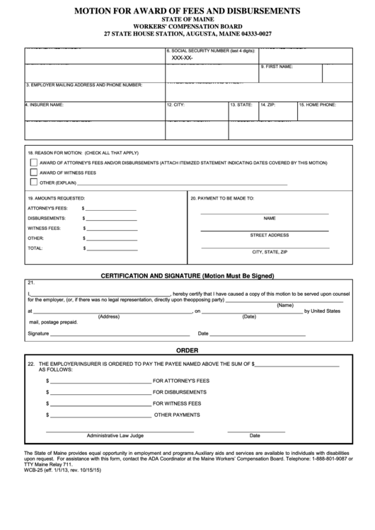Fillable Form Wcb-25 - Motion For Award Of Fees And Disbursements Printable pdf