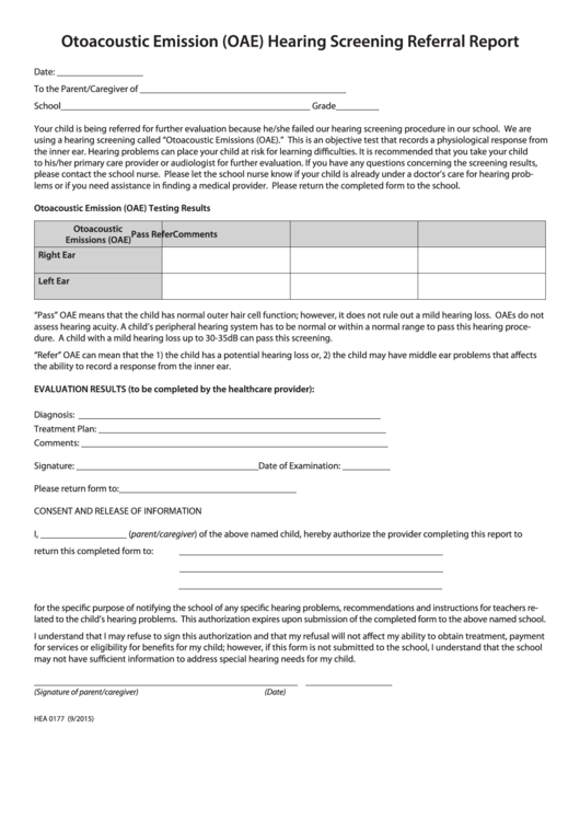 Form Hea 0177 - Otoacoustic Emission (Oae) Hearing Screening Referral Report Printable pdf