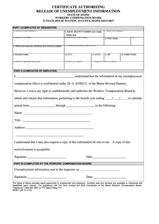 Fillable Form Wcb-7 - Certificate Authorizing Release Of Unemployment Information Printable pdf