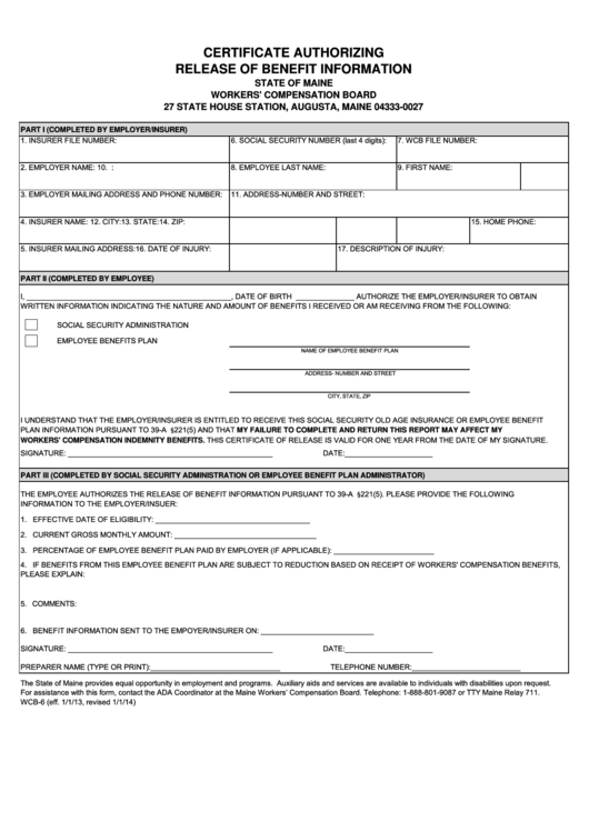Fillable Form Wcb-6 - Certificate Authorizing Release Of Benefit Information Printable pdf