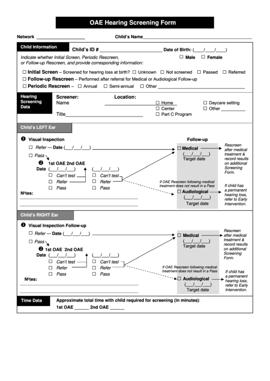 Oae Hearing Screening Form Printable pdf