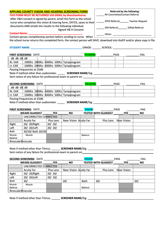 Fillable Appling County Vision And Hearing Screening Form Printable pdf