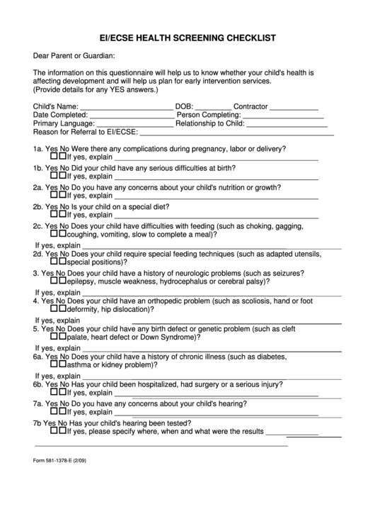 Form 581-1378-E - Ei/ecse Health Screening Checklist- Oregon Printable pdf