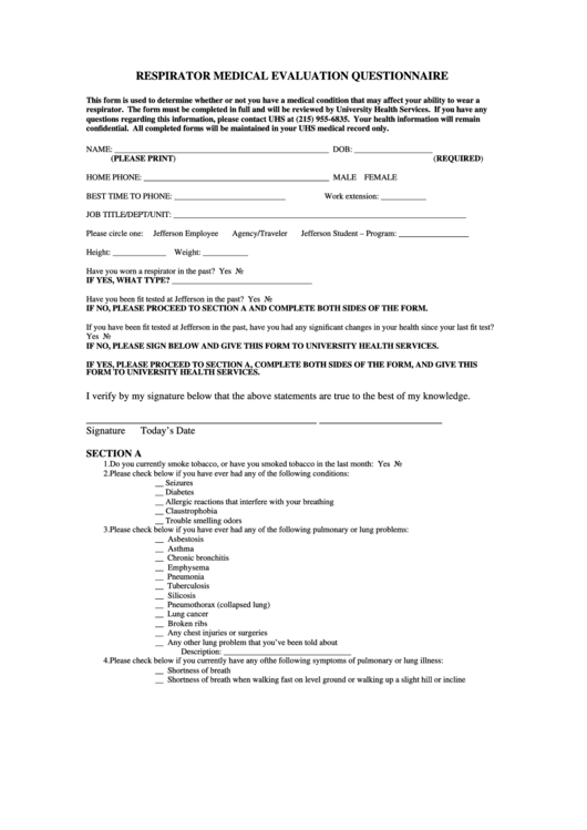 Respirator Medical Evaluation Questionnaire Template Printable pdf