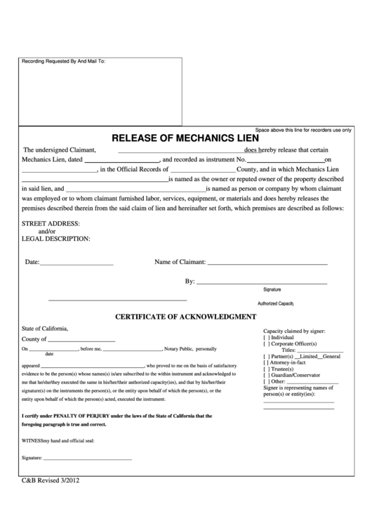 Fillable Release Of Mechanics Lien Form Printable pdf