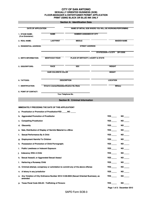 Sapd Form Sob-3 - Sexually Oriented Business Floor Manager Entertainer Permit Application Form Printable pdf