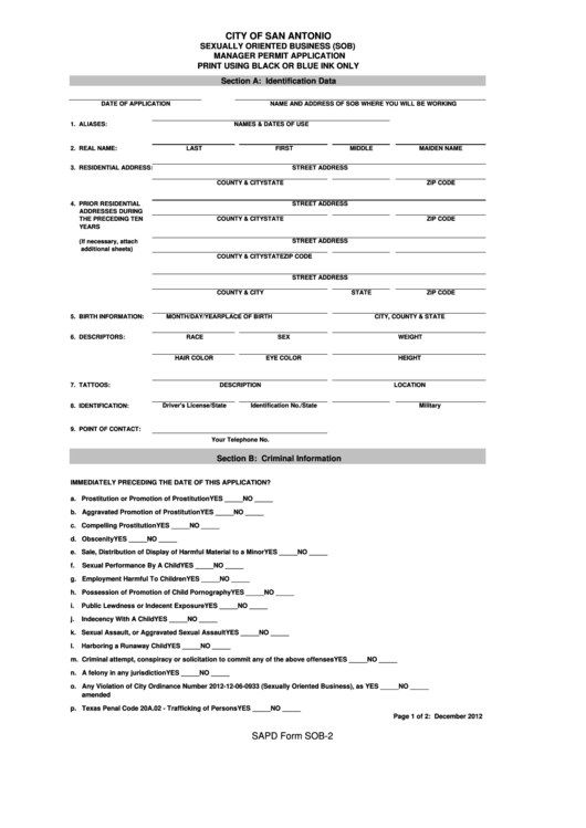 Sapd Form Sob-2 - Sexually Oriented Business Manager Permit Application Form Printable pdf