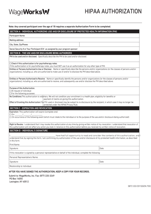 Fillable Hipaa Authorization Form - Wageworks - 2015 Printable pdf