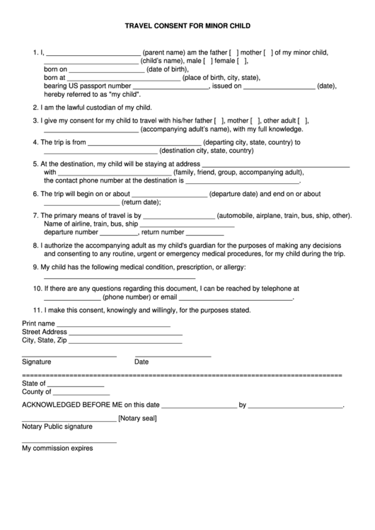 Printable Travel Consent Form For Minor 4757