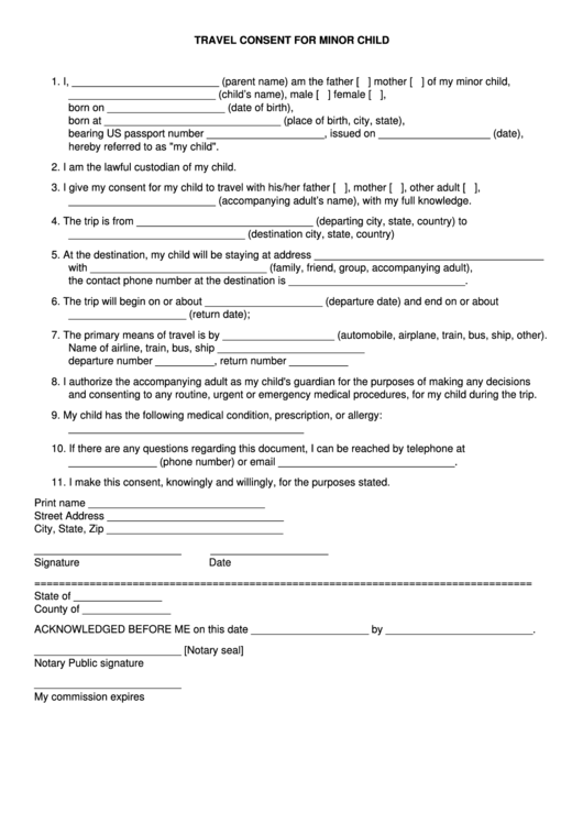 Printable Travel Consent Form For Minor