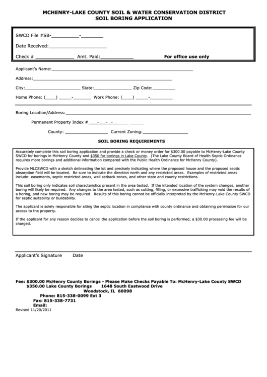 Soil Boring Application Form - Mchenry-Lake County Soil & Water Conservation District Printable pdf