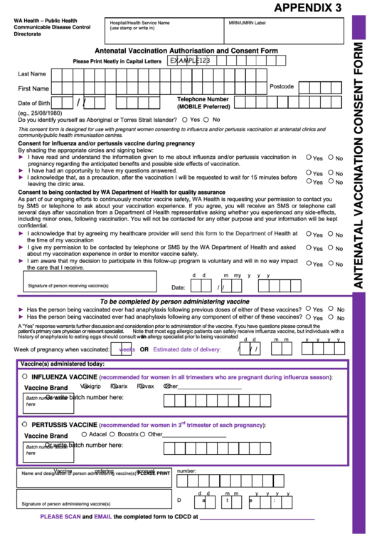 Antenatal Vaccination Consent Form Printable pdf
