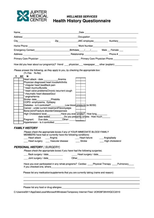 Health History Questionnaire Form - Jupiter Medical Center Printable pdf
