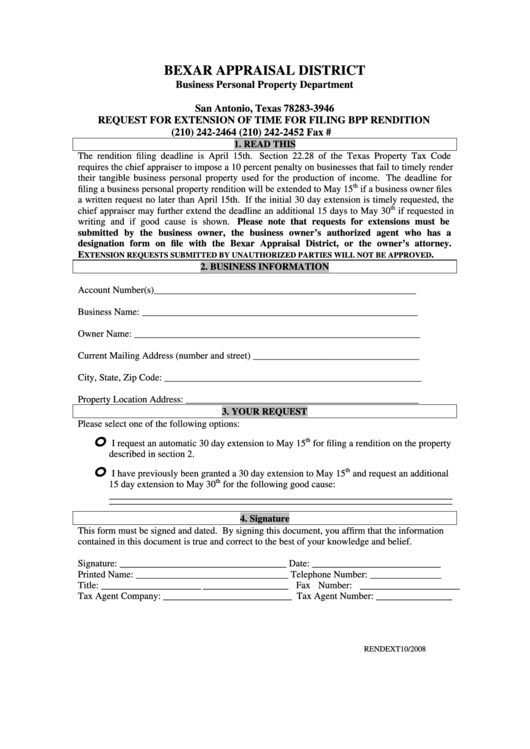 Request For Extension Of Time For Filing Bpp Rendition Form - Bexar Appraisal District, Business Personal Property Department Printable pdf