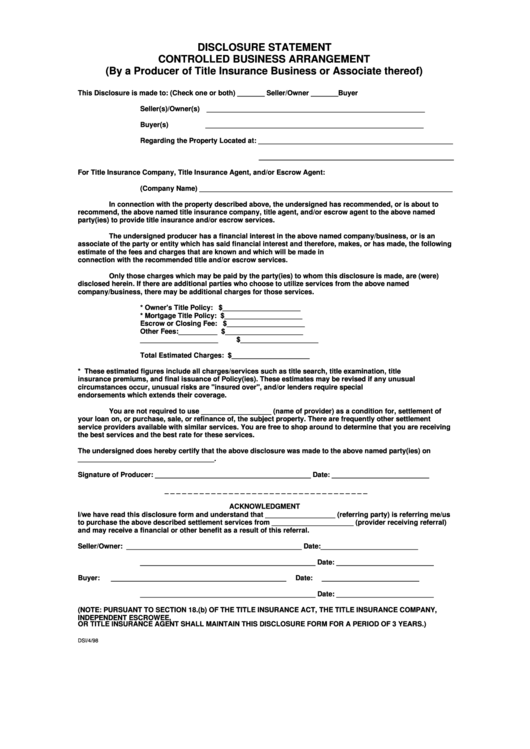 Disclosure Statement Template: Controlled Business Arrangement (By A Producer Of Title Insurance Business Or Associate Thereof) Printable pdf