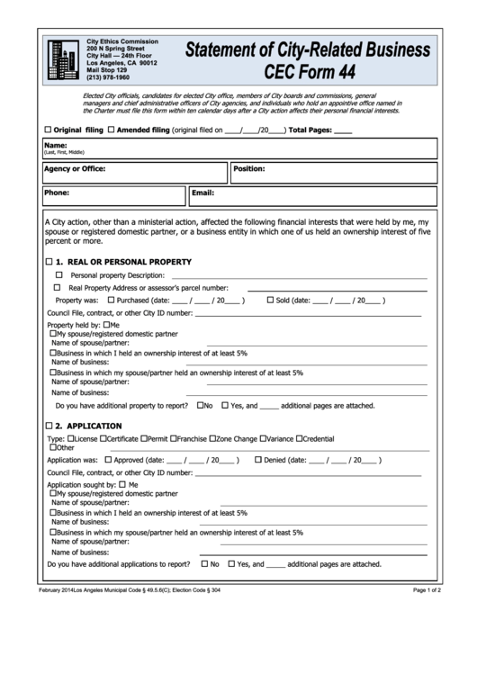 Fillable Cec Form 44 Statement Of City Related Business Printable Pdf 