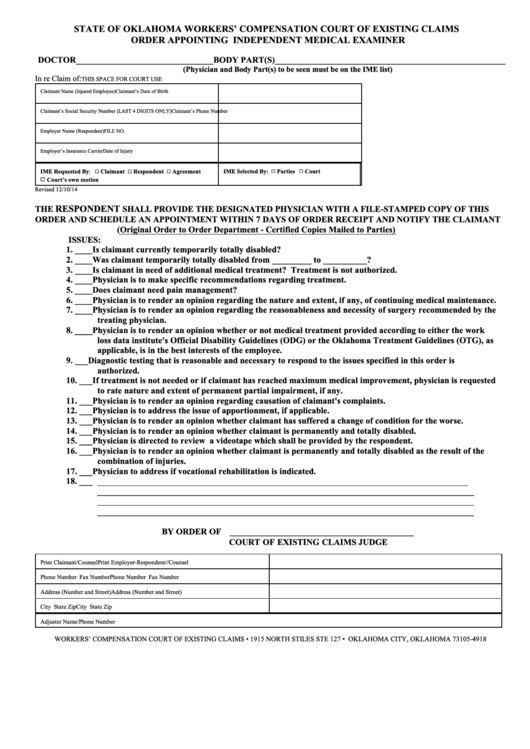 Fillable Order Appointing Independent Medical Examiner Template Printable pdf